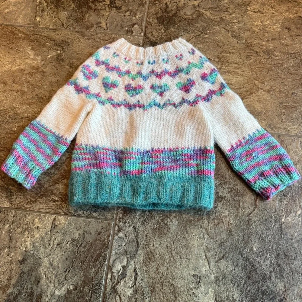 OOAK Hand Knit Handmade Colorful Heart Sweater, Kids Pullover, Cozy Winter Top‎ - Picture 3 of 7